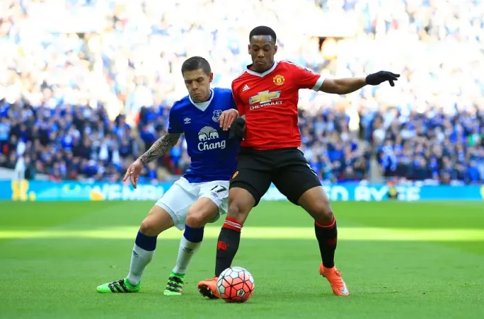 Framed Print : Battle for the Ball: Muhamed Besic vs Anthony Martial - Everton vs Manchester United FA Cup Semi-Final at Wembley Stadium Framed Print : Battle for the Ball: Muhamed Besic vs Anthony Martial - Everton vs Manchester United FA Cup Semi-Final at Wembley Stadium