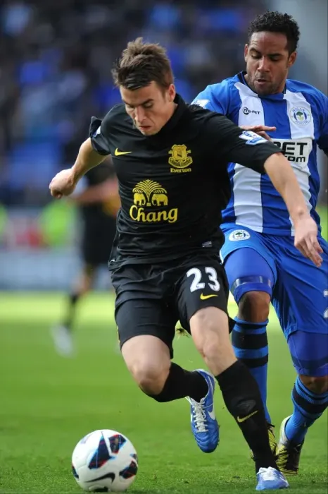 Framed Print : Battle for Ball Possession: Seamus Coleman vs. Jean Beausejour - Wigan Athletic vs. Everton (2-2 Stalemate, DW Stadium, October 6, 2012) Framed Print : Battle for Ball Possession: Seamus Coleman vs. Jean Beausejour - Wigan Athletic vs. Everton (2-2 Stalemate, DW Stadium, October 6, 2012)
