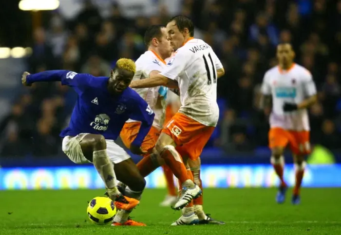 Framed Print : Battle for the Ball: Saha vs. Vaughan - Everton vs. Blackpool, Premier League (2011)