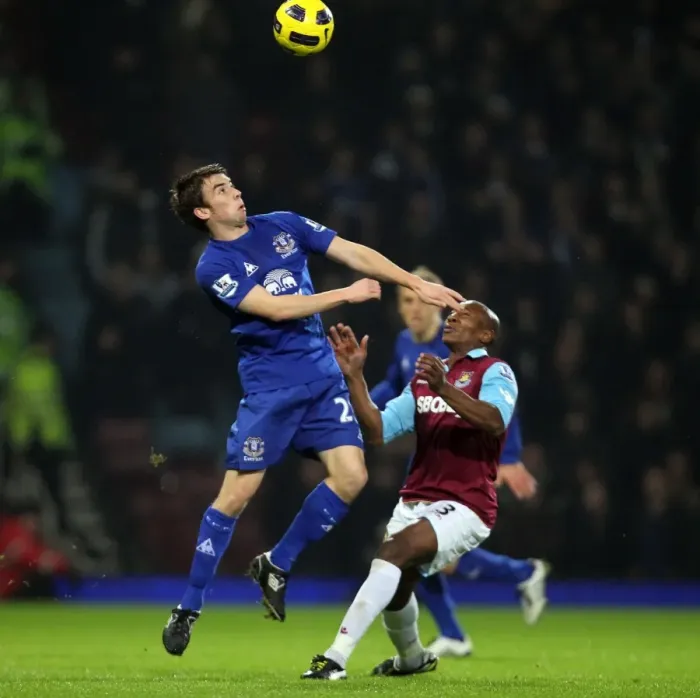 Framed Print : Battle for the Ball: Seamus Coleman vs. Luis Boa Morte - Everton vs. West Ham United, Premier League (Upton Park, 2010)