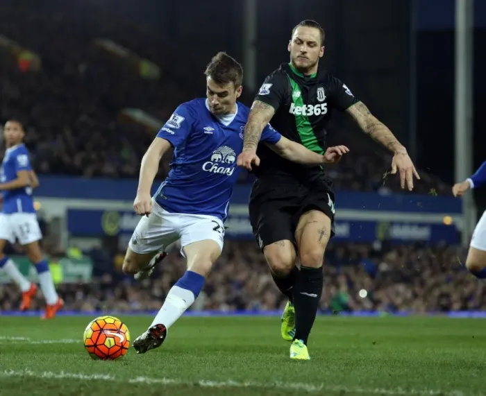 Framed Print : Battle for the Ball: Seamus Coleman vs Marko Arnautovic - Everton vs Stoke City, Premier League