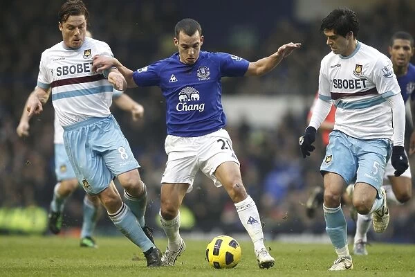 Battle at Goodison Park: Osman's Intense Clash with Parker and Tomkins (Everton vs. West Ham United, Barclays Premier League, 2011)
