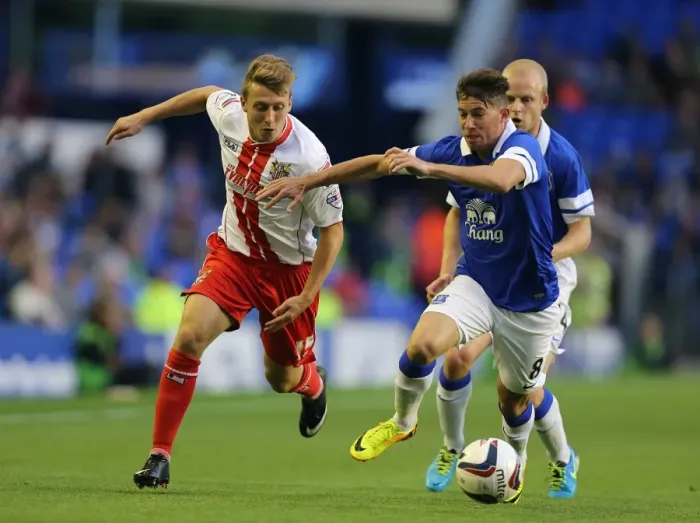 Framed Print : Battling for Control: Oviedo vs. Freeman in Everton's Capital One Cup Showdown against Stevenage Framed Print : Battling for Control: Oviedo vs. Freeman in Everton's Capital One Cup Showdown against Stevenage