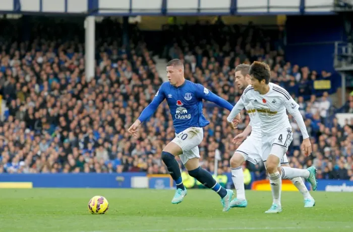 Framed Print : Battling Midfielders: Ross Barkley vs. Ki Sung-Yeung at Goodison Park - Everton vs. Swansea City, Premier League
