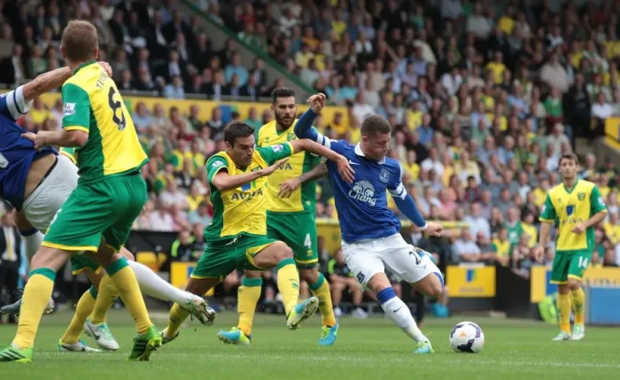 Framed Print : Blocked Shot: Ross Barkley vs. Norwich City - Everton's Draw in the Premier League (17-08-2013) Framed Print : Blocked Shot: Ross Barkley vs. Norwich City - Everton's Draw in the Premier League (17-08-2013)