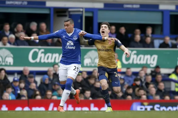 Framed Print : Clash at Goodison Park: Funes Mori vs. Bellerin Framed Print : Clash at Goodison Park: Funes Mori vs. Bellerin