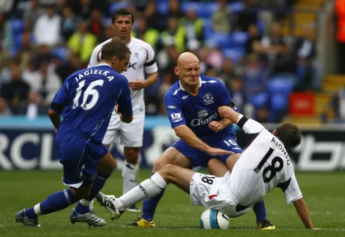 Framed Print : Clash at The Reebok: Jagielka, Gravesen vs. Alonso - Everton vs. Bolton, FA Premier League, 2007 Framed Print : Clash at The Reebok: Jagielka, Gravesen vs. Alonso - Everton vs. Bolton, FA Premier League, 2007