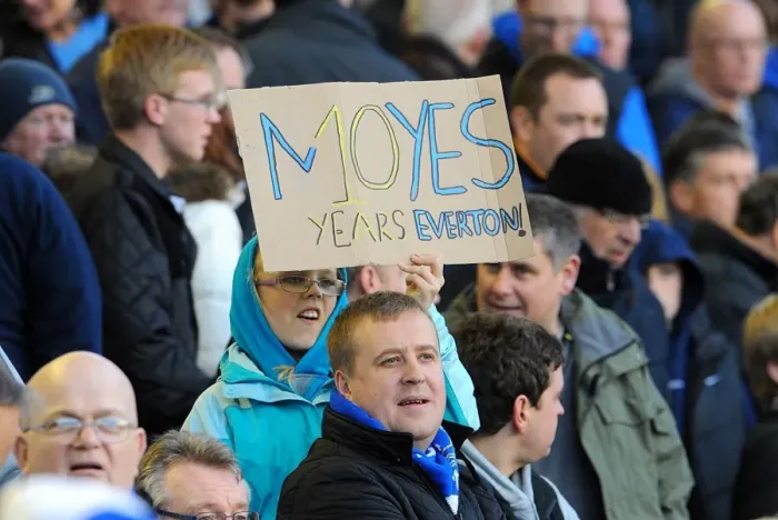 Framed Print : Decade of Leadership: Everton Fan Honors David Moyes with Banner at Goodison Park (BPL 10 March 2012 vs. Tottenham Hotspur)