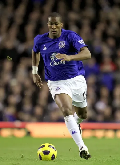 Framed Print : Decisive Moment: Sylvain Distin Scores the Game-Winning Goal for Everton Against Wigan Athletic (BPL, 11 December 2010)