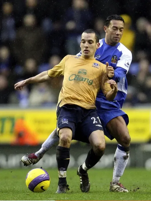 Framed Print : Denny Landzaat vs. Leon Osman: A Football Rivalry Ignites at Wigan Athletic's JJB Stadium (Wigan v Everton, 21st January 2007)