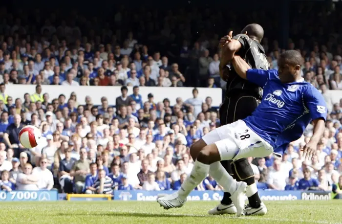 Framed Print : Determined Strike: Victor Anichebe Scores for Everton Against Portsmouth at Goodison Park, FA Barclays Premiership, May 5, 2007 Framed Print : Determined Strike: Victor Anichebe Scores for Everton Against Portsmouth at Goodison Park, FA Barclays Premiership, May 5, 2007