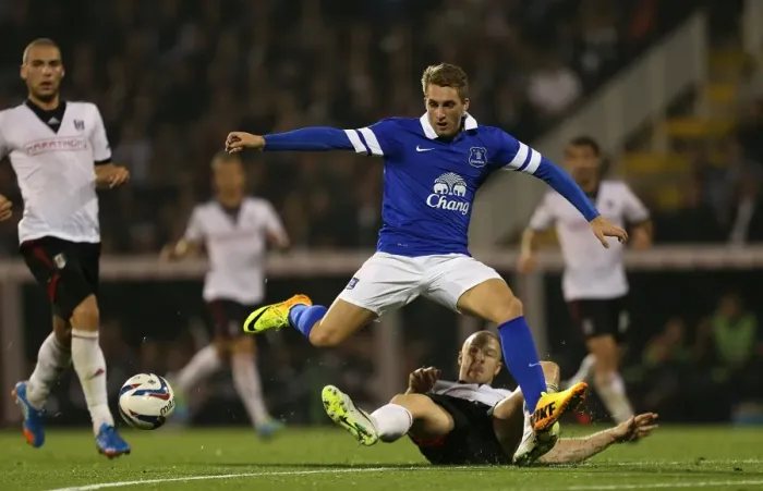 Framed Print : Deulofeu's Determination: Everton's Triumph Over Fulham in the Capital One Cup (Gerard Deulofeu vs Brede Hangeland) Framed Print : Deulofeu's Determination: Everton's Triumph Over Fulham in the Capital One Cup (Gerard Deulofeu vs Brede Hangeland)