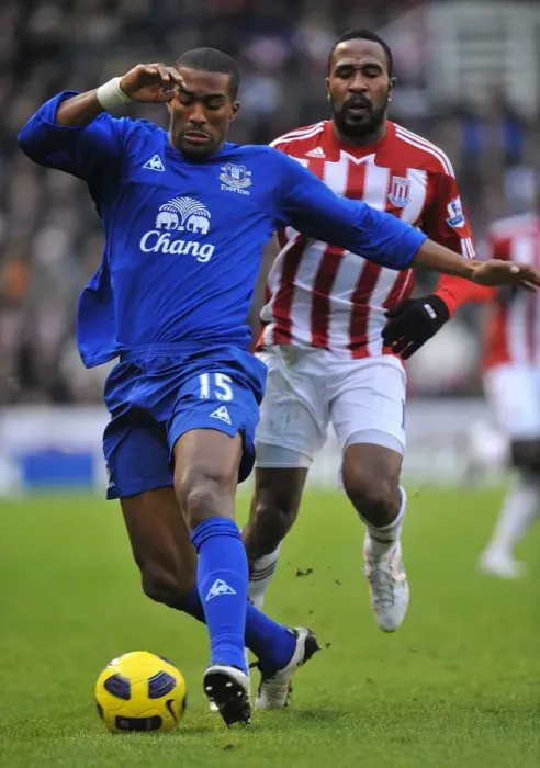 Framed Print : Distin vs. Fuller: A Football Battle at Britannia Stadium - Everton vs. Stoke City, Barclays Premier League (01.01.2011)