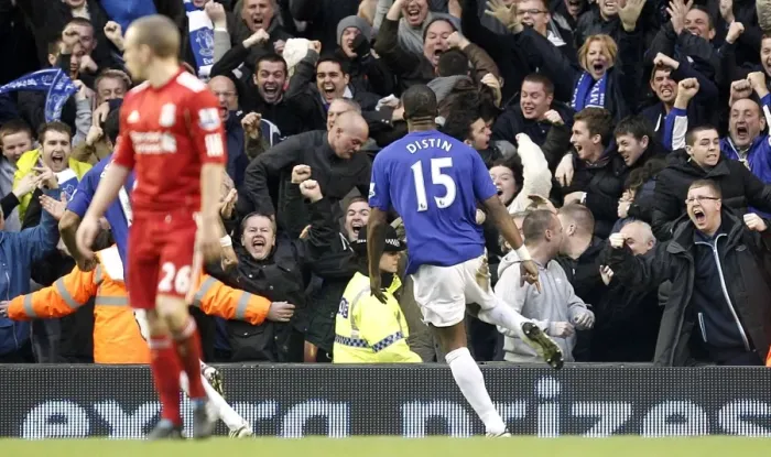 Framed Print : Distin's Strike: Everton's Thrilling Opener Against Liverpool at Anfield (January 16, 2011, Barclays Premier League) Framed Print : Distin's Strike: Everton's Thrilling Opener Against Liverpool at Anfield (January 16, 2011, Barclays Premier League)