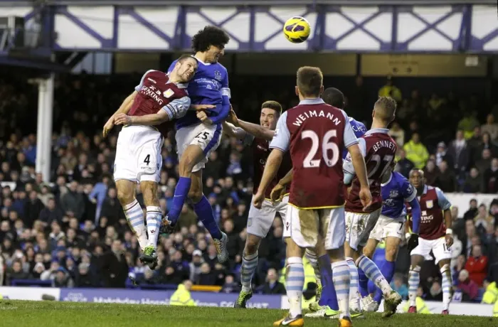 Framed Print : Dramatic Header: Marouane Fellaini Scores Late Equalizer for Everton against Aston Villa (02-02-2013, Goodison Park) Framed Print : Dramatic Header: Marouane Fellaini Scores Late Equalizer for Everton against Aston Villa (02-02-2013, Goodison Park)