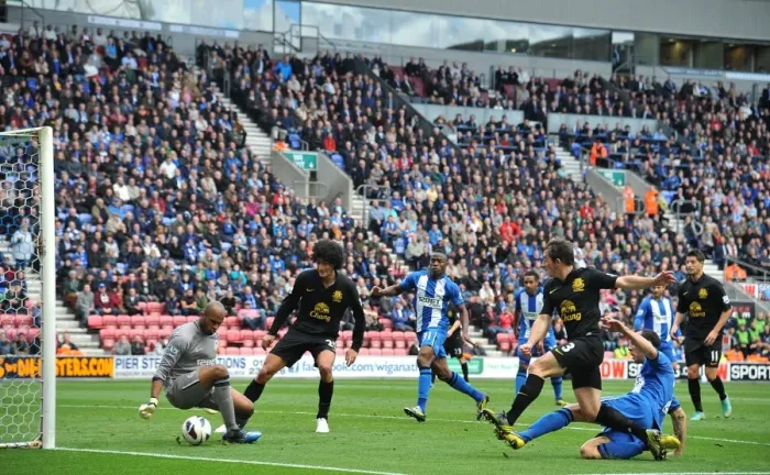 Framed Print : Dramatic Post-Hit: Leighton Baines vs. Wigan Athletic's Post, 2-2 Barclays Premier League Draw Framed Print : Dramatic Post-Hit: Leighton Baines vs. Wigan Athletic's Post, 2-2 Barclays Premier League Draw