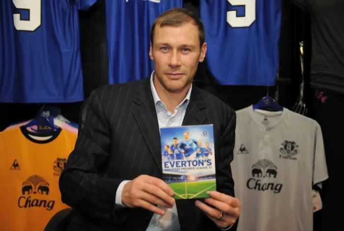 Framed Print : Duncan Ferguson Signs Everton's Premier League XI DVD at Everton Two Store, Liverpool One