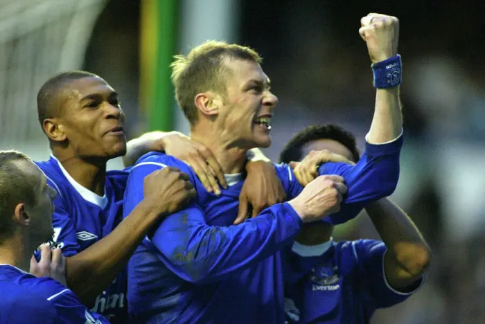 Framed Print : Ecstatic Moment: Duncan Ferguson's Iconic Goal Celebration for Everton FC
