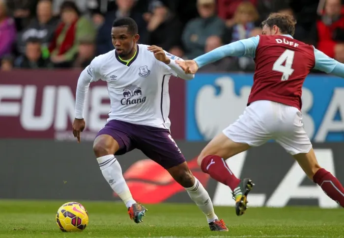 Framed Print : Eto'o vs. Duff: Burnley vs. Everton in Barclays Premier League - A Clash of Football Giants Framed Print : Eto'o vs. Duff: Burnley vs. Everton in Barclays Premier League - A Clash of Football Giants