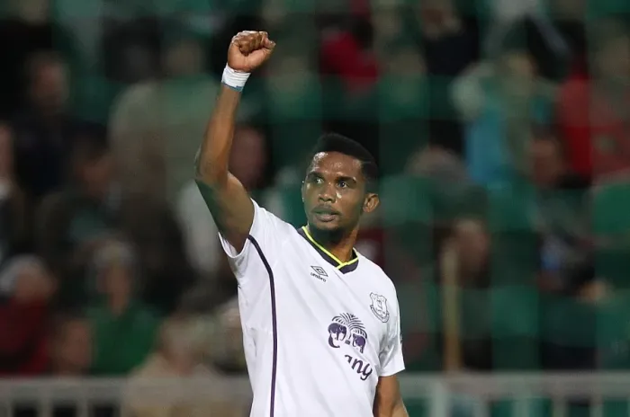 Framed Print : Eto'o's Europa League Glory: Everton Forward Celebrates Goal Against FC Krasnodar