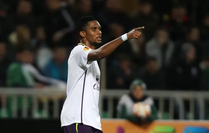 Framed Print : Eto'o's Europa League Glory: Everton Star Celebrates Goal Against FC Krasnodar Framed Print : Eto'o's Europa League Glory: Everton Star Celebrates Goal Against FC Krasnodar