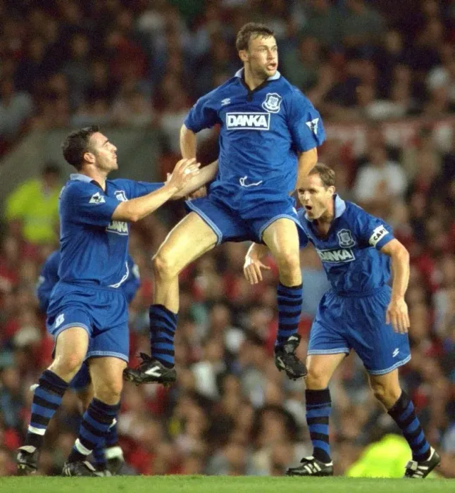 Framed Print : Euphoric Moment: Duncan Ferguson's Iconic Goal vs. Manchester United (1996), FA Premier League