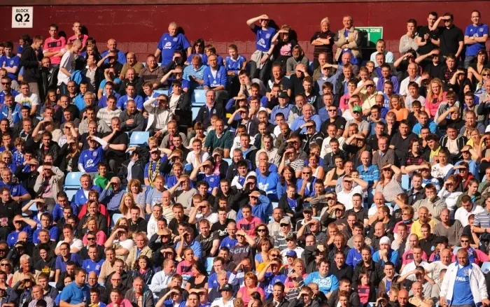 Framed Print : Everton Fans Shield Their Eyes from the Sun: Aston Villa vs. Everton, Barclays Premier League (29 August 2010)