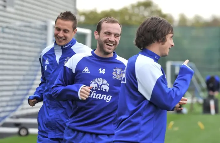 Framed Print : Everton FC: Jagielka, McFadden, and Baines in Focus at Finch Farm - Barclays Premier League Training Framed Print : Everton FC: Jagielka, McFadden, and Baines in Focus at Finch Farm - Barclays Premier League Training