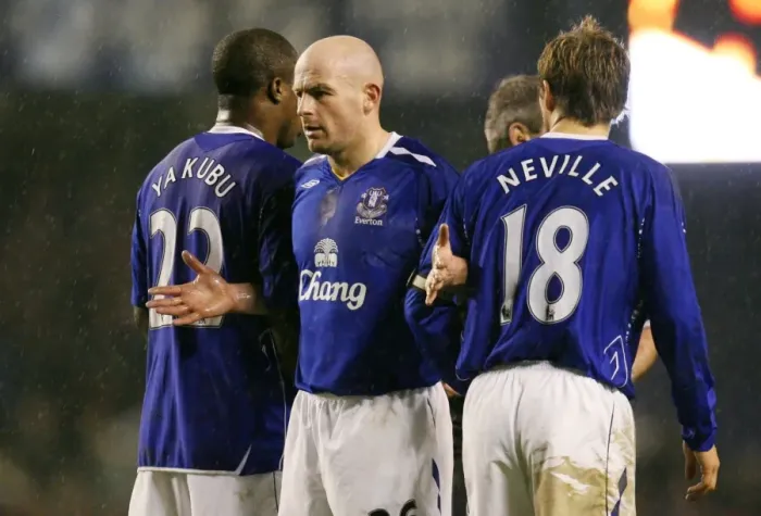 Framed Print : Everton FC: Lee Carsley, Yakubu, and Neville's Freekick Standoff against Arsenal (07 / 08) Framed Print : Everton FC: Lee Carsley, Yakubu, and Neville's Freekick Standoff against Arsenal (07 / 08)