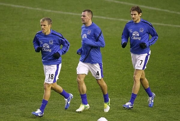 Everton FC: Phil Neville, Darron Gibson, and Nikica Jelavic Preparing for Everton vs. Wigan Athletic (26-12-2012, Goodison Park: Everton 2-1)