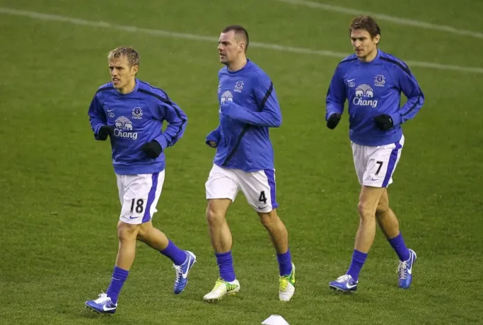 Framed Print : Everton FC: Phil Neville, Darron Gibson, and Nikica Jelavic Preparing for Everton vs. Wigan Athletic (26-12-2012, Goodison Park: Everton 2-1) Framed Print : Everton FC: Phil Neville, Darron Gibson, and Nikica Jelavic Preparing for Everton vs. Wigan Athletic (26-12-2012, Goodison Park: Everton 2-1)
