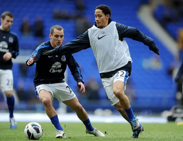 Framed Print : Everton FC: Steven Pienaar and Leon Osman in Focus at Pre-Match Training Ahead of Everton vs Manchester City (16-03-2013) Framed Print : Everton FC: Steven Pienaar and Leon Osman in Focus at Pre-Match Training Ahead of Everton vs Manchester City (16-03-2013)
