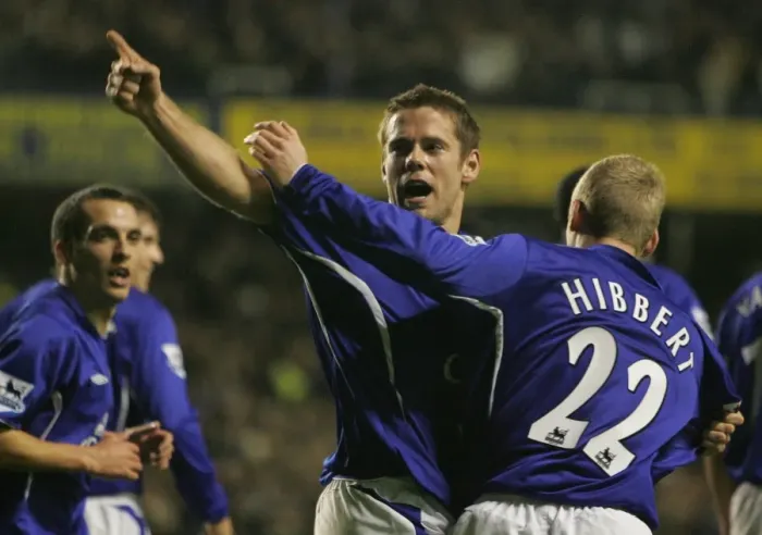 Framed Print : Everton Football Club: James Beattie's Thrilling Goal Celebration with Tony Hibbert