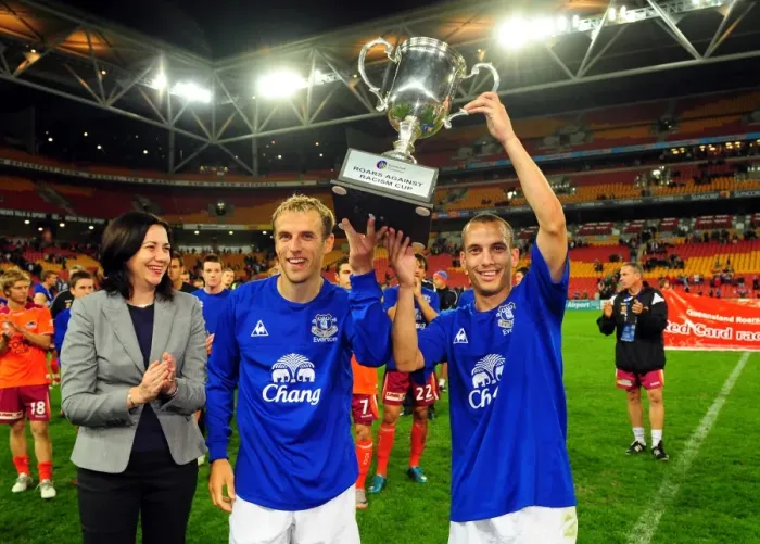Framed Print : Everton Football Club: Phil Neville and Leon Osman Celebrate Roar Against Racism Cup Victory at Suncorp Stadium Framed Print : Everton Football Club: Phil Neville and Leon Osman Celebrate Roar Against Racism Cup Victory at Suncorp Stadium