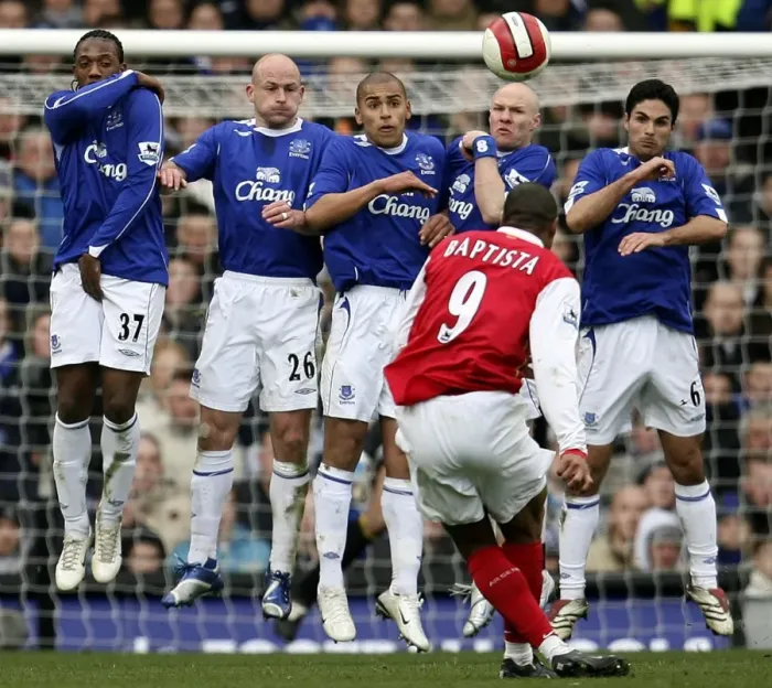 Framed Print : Everton v Arsenal - Julio Baptista has a shot on goal past Evertons wall Framed Print : Everton v Arsenal - Julio Baptista has a shot on goal past Evertons wall