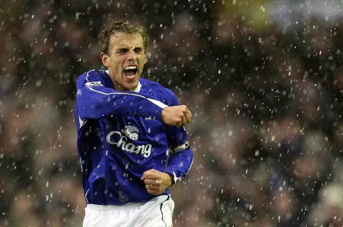 Framed Print : Everton v Arsenal - Phil Neville celebrates after Andrew Johnson