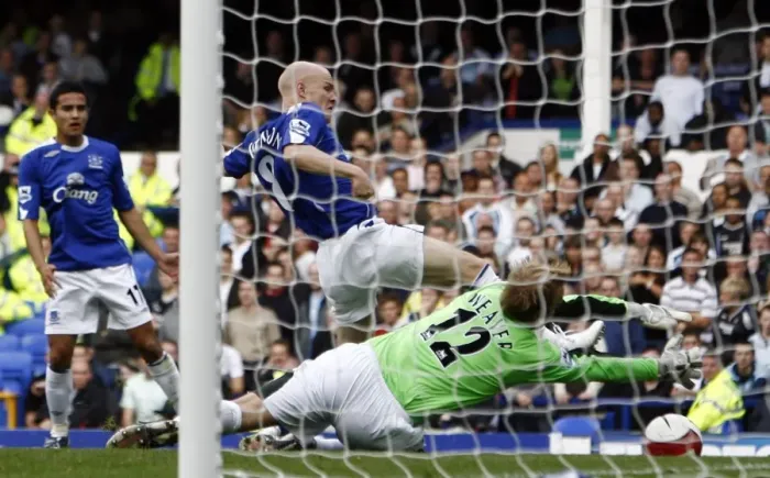 Framed Print : Everton v Manchester City Andy Johnson of Everton in action against Manchester City goalkeeper Nicky Framed Print : Everton v Manchester City Andy Johnson of Everton in action against Manchester City goalkeeper Nicky
