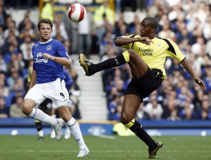Framed Print : Everton v Manchester City James Beattie of Everton in action against Sylvain Distin of Manchester City Framed Print : Everton v Manchester City James Beattie of Everton in action against Sylvain Distin of Manchester City