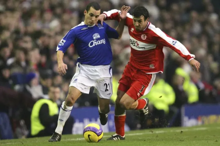 Framed Print : Everton v Middlesbrough Leon Osman battles with Julio Arca
