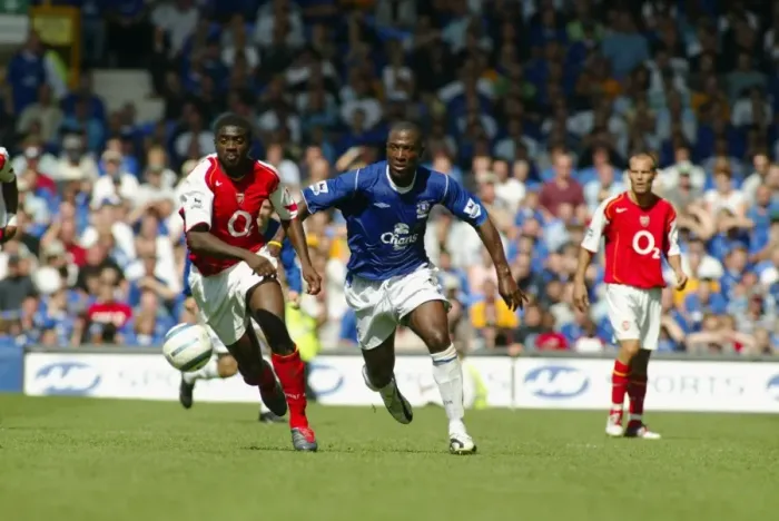 Framed Print : Everton vs Arsenal, August 15, 2004, Barclays Premiership, Goodison Park - Intense Moment between Kevin Campbell and Unnamed Arsenal Player Framed Print : Everton vs Arsenal, August 15, 2004, Barclays Premiership, Goodison Park - Intense Moment between Kevin Campbell and Unnamed Arsenal Player