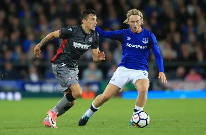 Framed Print : Everton vs Hajduk Split: Tom Davies Clashes with Hysen Memolla in UEFA Europa League Play-Off First Leg at Goodison Park (2017-18) Framed Print : Everton vs Hajduk Split: Tom Davies Clashes with Hysen Memolla in UEFA Europa League Play-Off First Leg at Goodison Park (2017-18)