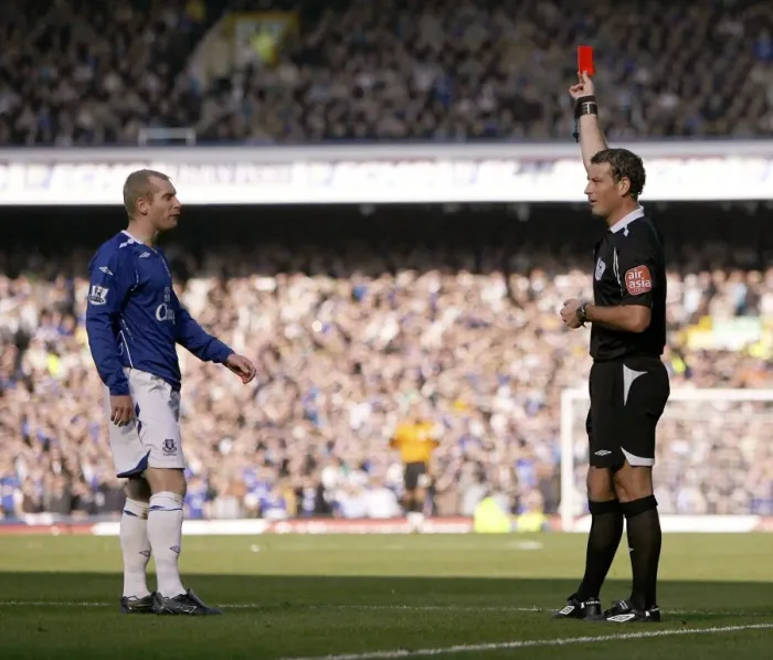 Framed Print : Everton vs Liverpool Derby: Tony Hibbert's Red Card by Ref Mark Clattenburg