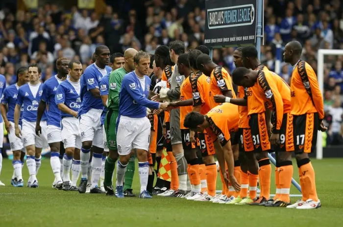 Framed Print : Everton vs. Wigan Athletic: Unity Before Battle - Pre-Match Handshake at Goodison Park, Barclays Premier League Framed Print : Everton vs. Wigan Athletic: Unity Before Battle - Pre-Match Handshake at Goodison Park, Barclays Premier League