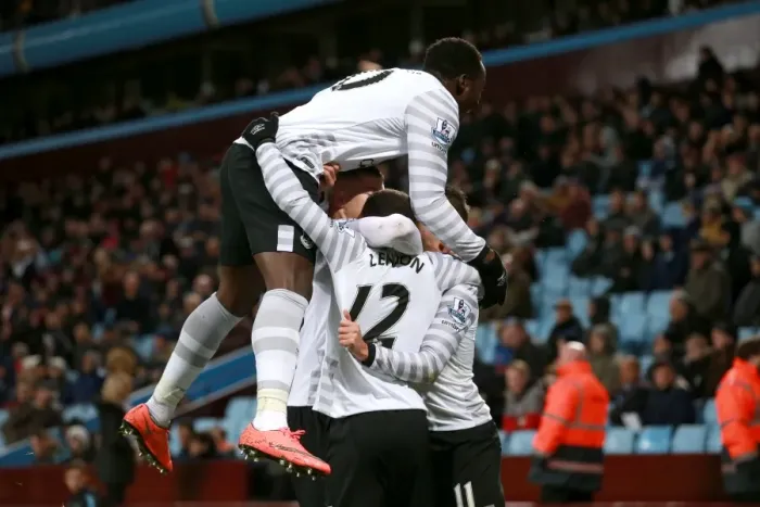 Framed Print : Everton's Aaron Lennon Celebrates Second Goal Amidst Ecstatic Team Mates in Intense Aston Villa vs Everton Barclays Premier League Clash Framed Print : Everton's Aaron Lennon Celebrates Second Goal Amidst Ecstatic Team Mates in Intense Aston Villa vs Everton Barclays Premier League Clash