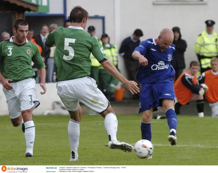 Framed Print : Everton's Andrew Johnson in Action: Pre-Season Friendly vs Northern Ireland XI - July 2007