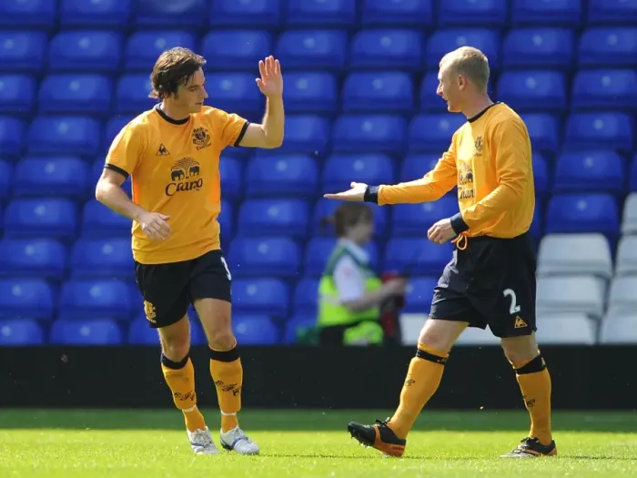 Framed Print : Everton's Baines and Hibbert: A Celebration of Goalscoring Unity (July 2011) Framed Print : Everton's Baines and Hibbert: A Celebration of Goalscoring Unity (July 2011)