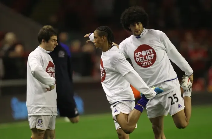 Framed Print : Everton's Baines, Pienaar, and Fellaini: United in Focus During Anfield Warm-Up (13 March 2012) Framed Print : Everton's Baines, Pienaar, and Fellaini: United in Focus During Anfield Warm-Up (13 March 2012)