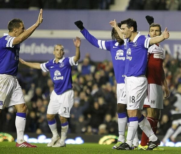 Everton's Barry and Jagielka: Celebrating a Triumphant Third Goal Against Fulham (14-12-2013)