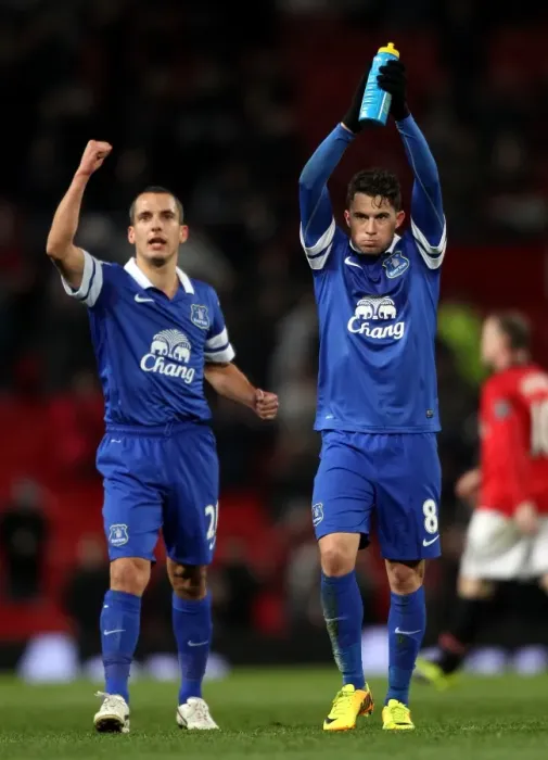 Framed Print : Everton's Bryan Oviedo and Leon Osman: Celebrating a Historic Upset at Old Trafford - Manchester United 0-1 Everton (December 4, 2013, Barclays Premier League)