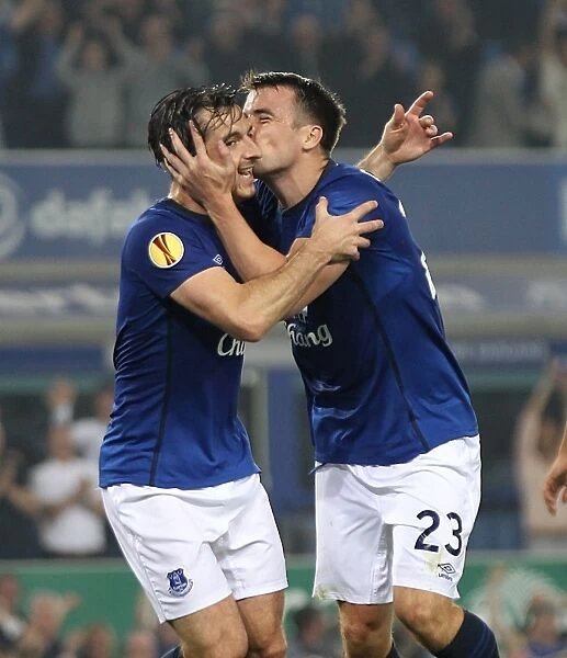 Everton's Coleman and Baines: A Celebratory Moment in Europa League History (Everton vs. VfL Wolfsburg - Second Goal)